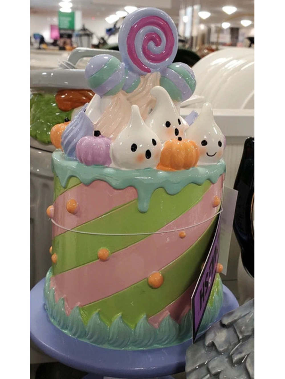 Pastel Ghoulish Halloween Ghost Cake Cookie Jar Ceramic Decor Figurine Pedestal